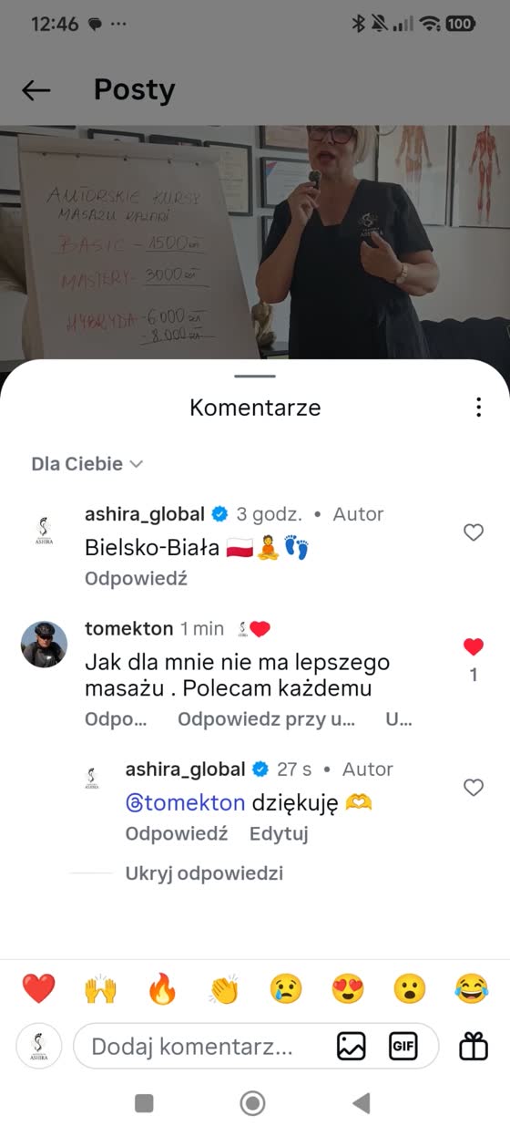 Komentarz tomekton na Instagramie pod nagraniem zabiegu