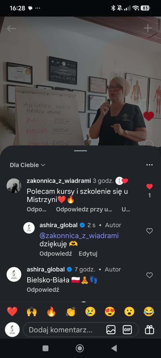 Komentarz „Polecam kursy i szkolenie się u Mistrzyni” na Instagramie